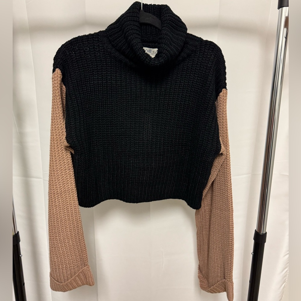 She + Sky Black and Tan Cowl Neck Sweater